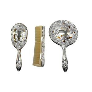 Godinger Silver-Plated 3-Piece Vanity Set W/ Mirror Brush & Comb Boxed/Unused
